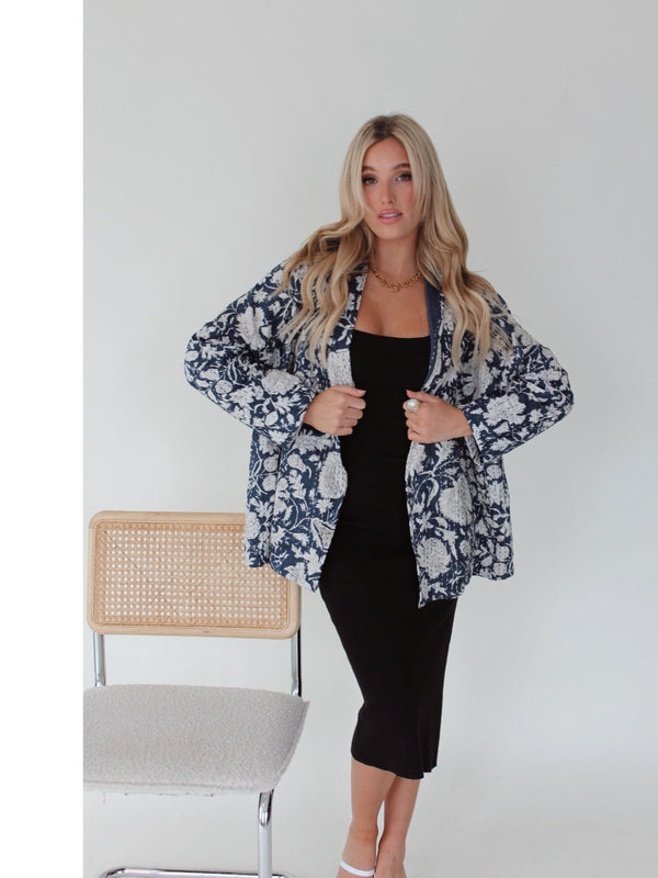 Brooklyn Blvd navy blue boho quilted jacket with embroidered details. A unique and western inspired women’s statement coat.