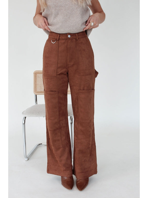 Faux suede brown cargo wide-leg pants - western-inspired neutral women’s pants with functional pockets.