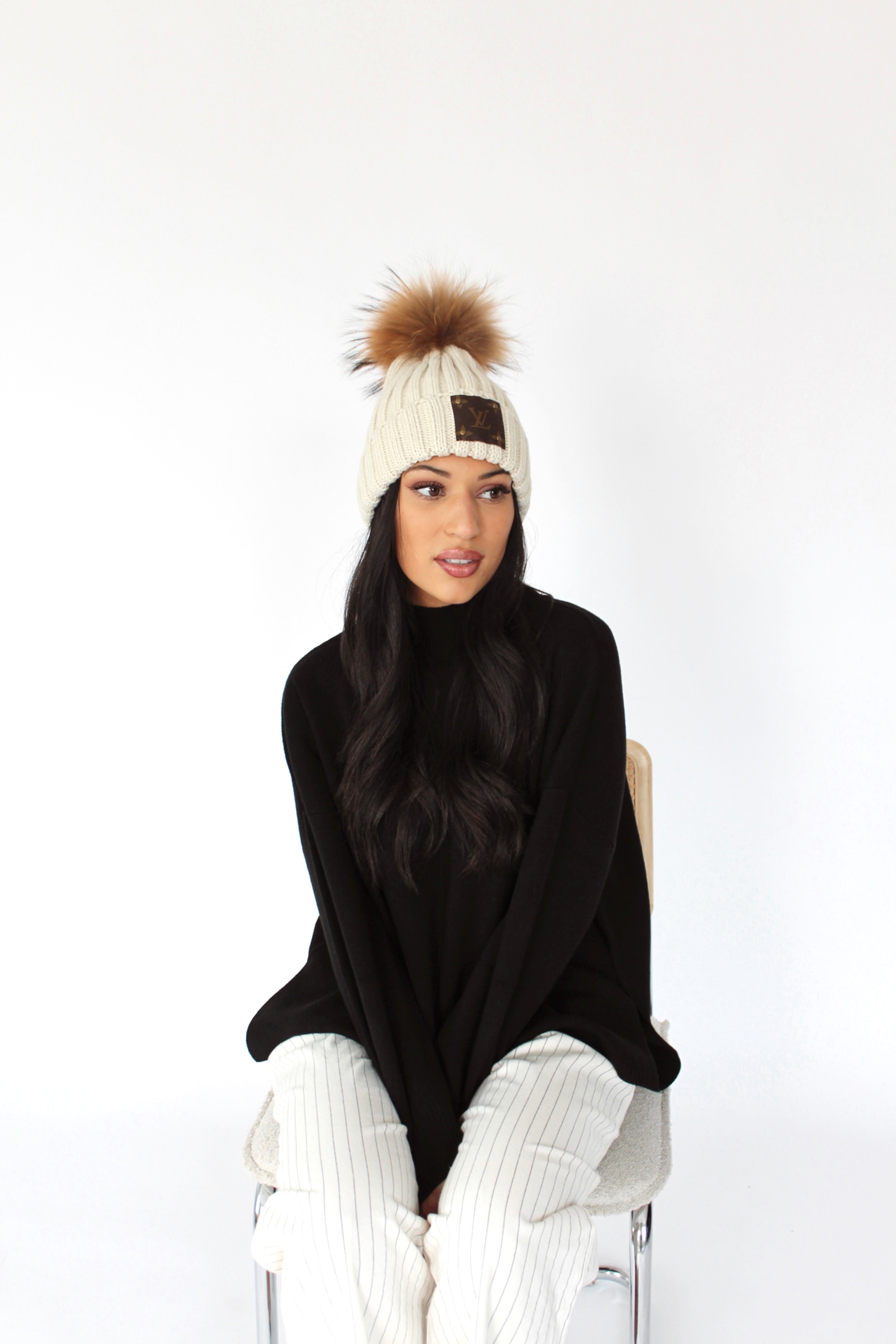 LV Up-Cycled Fur Pom Beanie