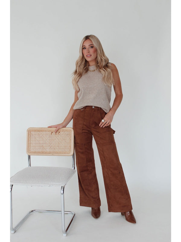 Faux suede brown cargo wide-leg pants - western-inspired neutral women’s pants with functional pockets.
