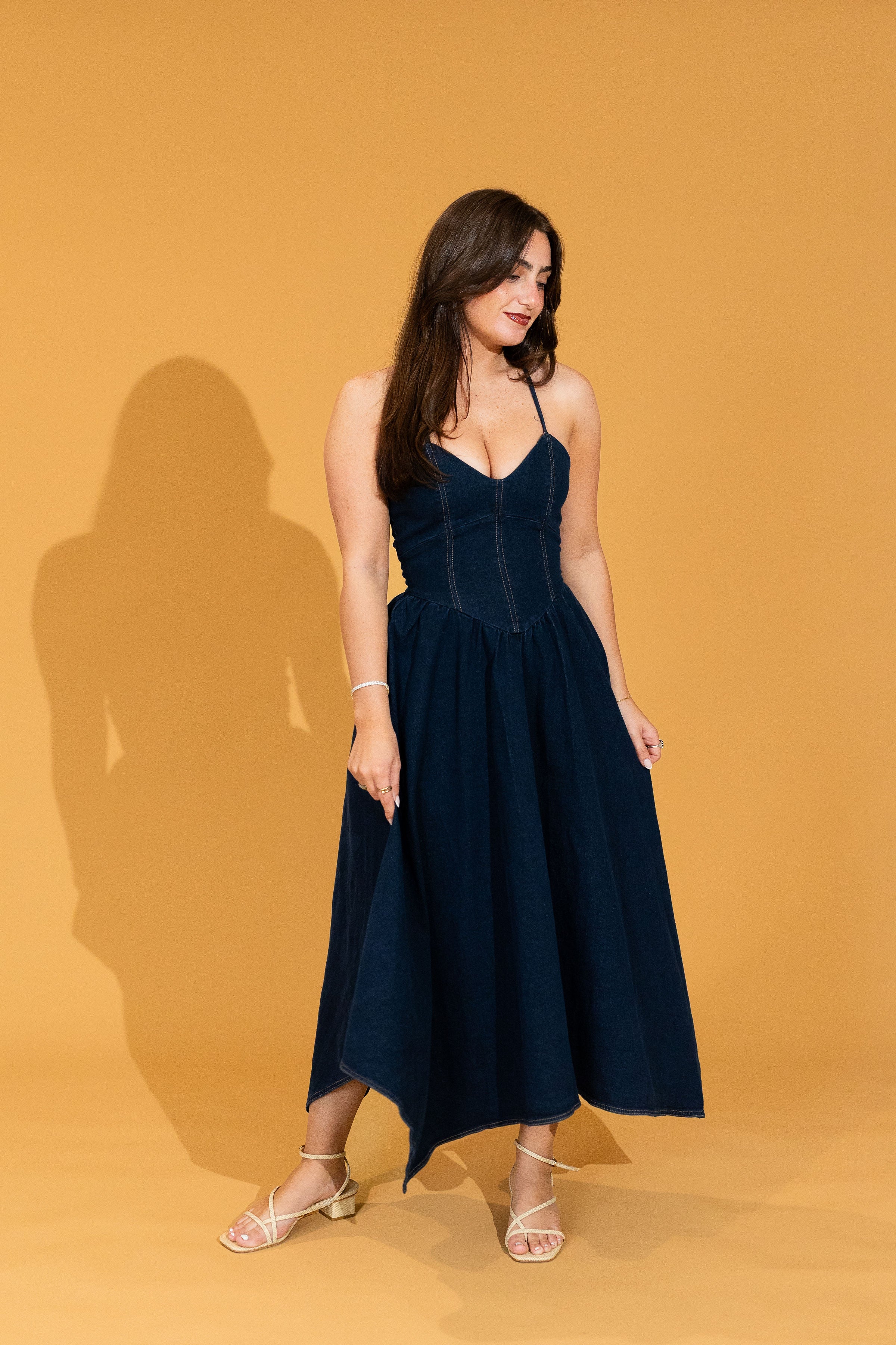 Camille Basque Waist Denim Midi Dress