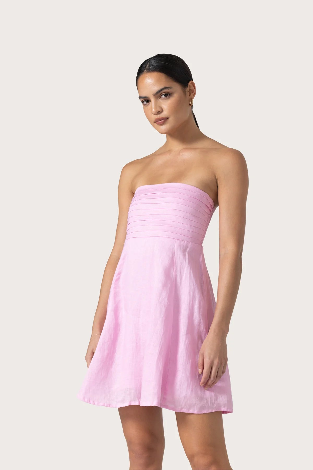 pink linen mini dress Talia Slipper Clayton | Dresses | self fabric_satin twill Color:Lead Gray (Tan) fuller skirt allows room