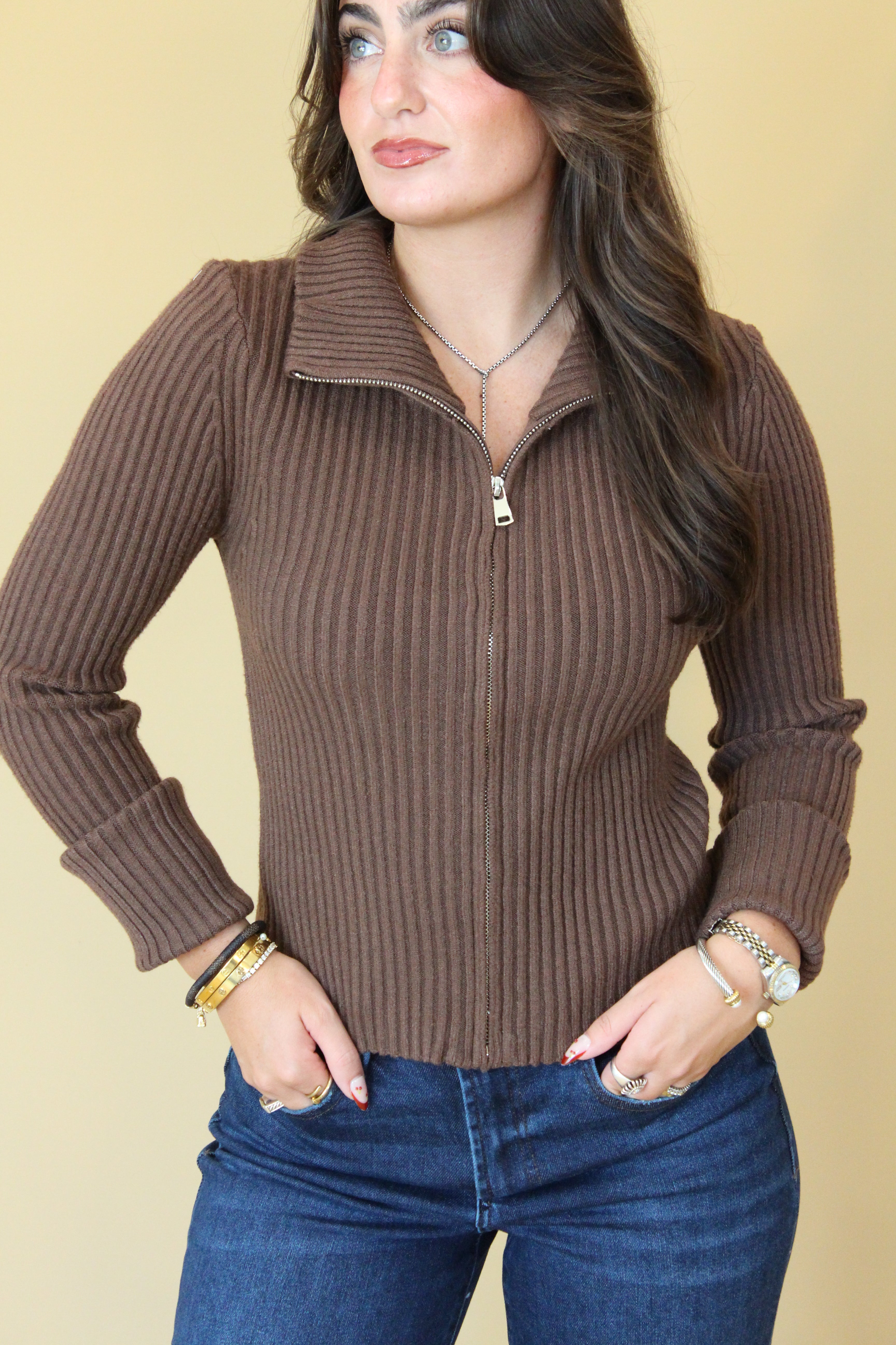 Matt Chocolate Zip Up Cardigan