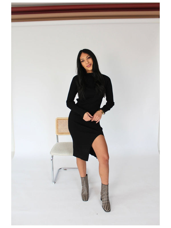 Chic black long sleeve mock neck midi dress - Fitted and knee-length. Features a stylish side slit. Versatile elegance and timeless dress for any occasion.