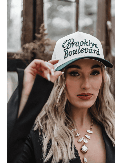 Brooklyn boulevard brooklyn blvd embroidered green trucker hat. cool trucker hat