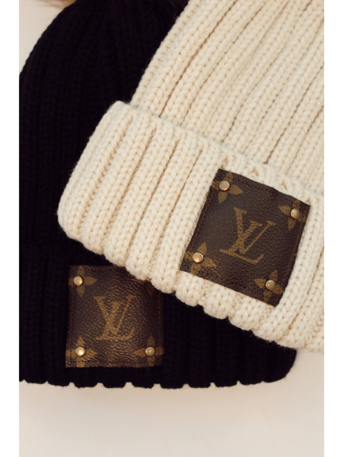 Authentic upcycled Louis Vuitton beanie - Elevate your style with this unique accessory, crafted from repurposed luxury materials. Available in black or beige for a statement winter hat.