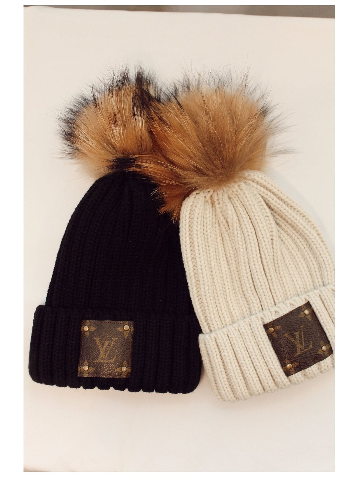 Authentic upcycled Louis Vuitton beanie - Elevate your style with this unique accessory, crafted from repurposed luxury materials. Available in black or beige for a statement winter hat.