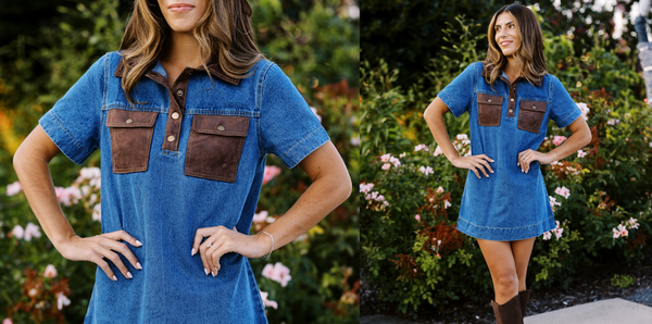 The Jennie Denim Mini Dress with brown suede texture