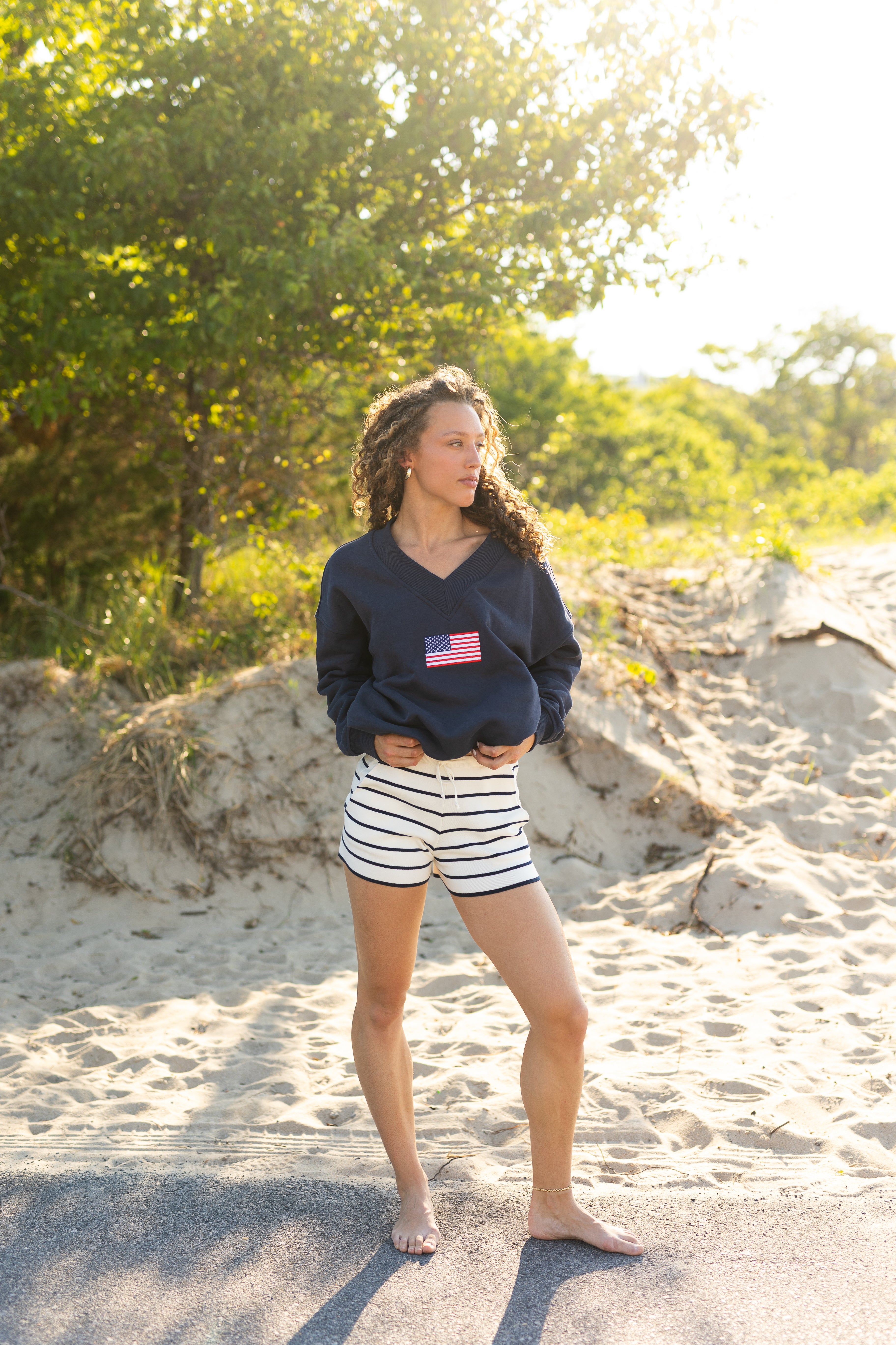 American Flag Embroidered V-Neck Sweatshirt
