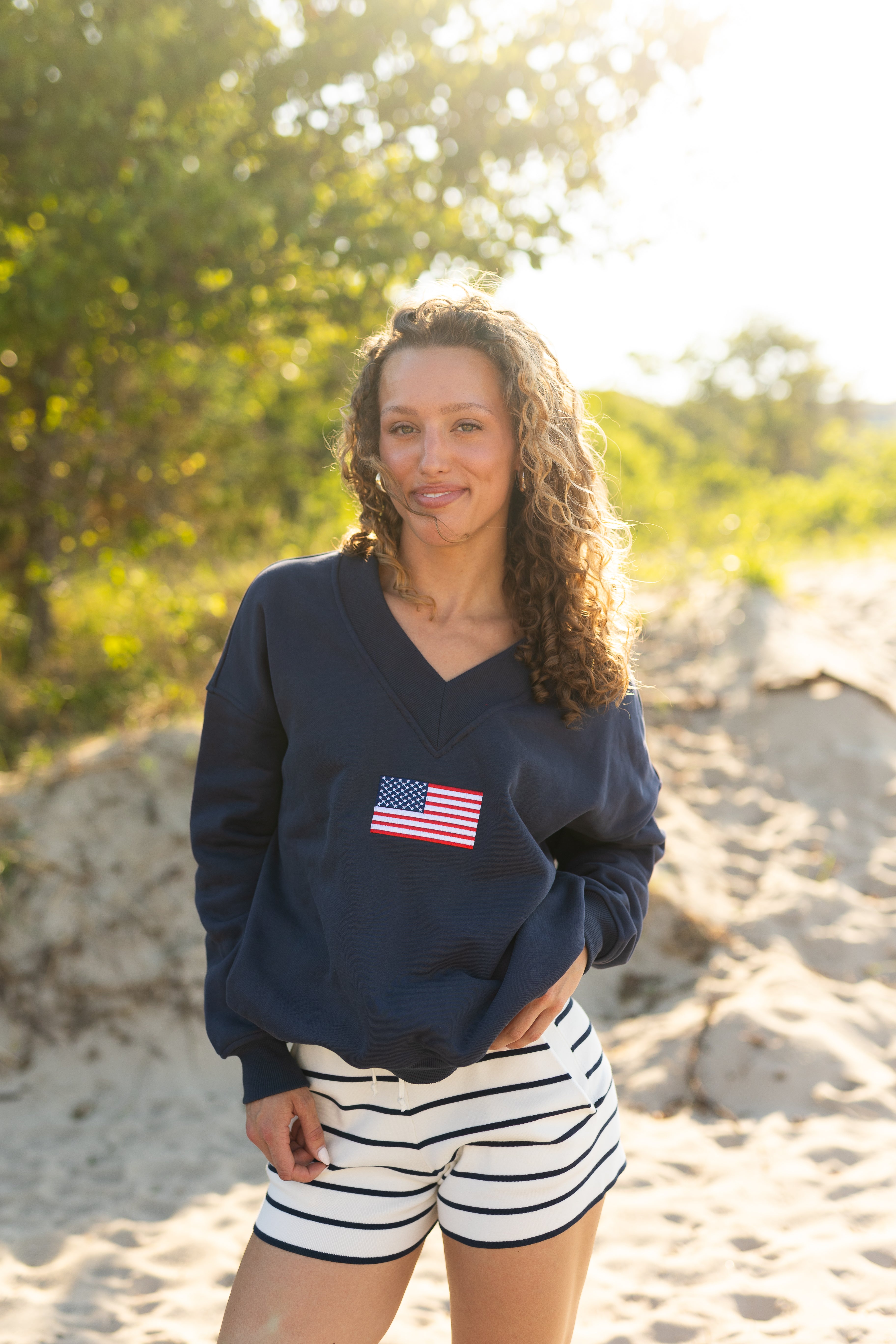 American Flag Embroidered V-Neck Sweatshirt