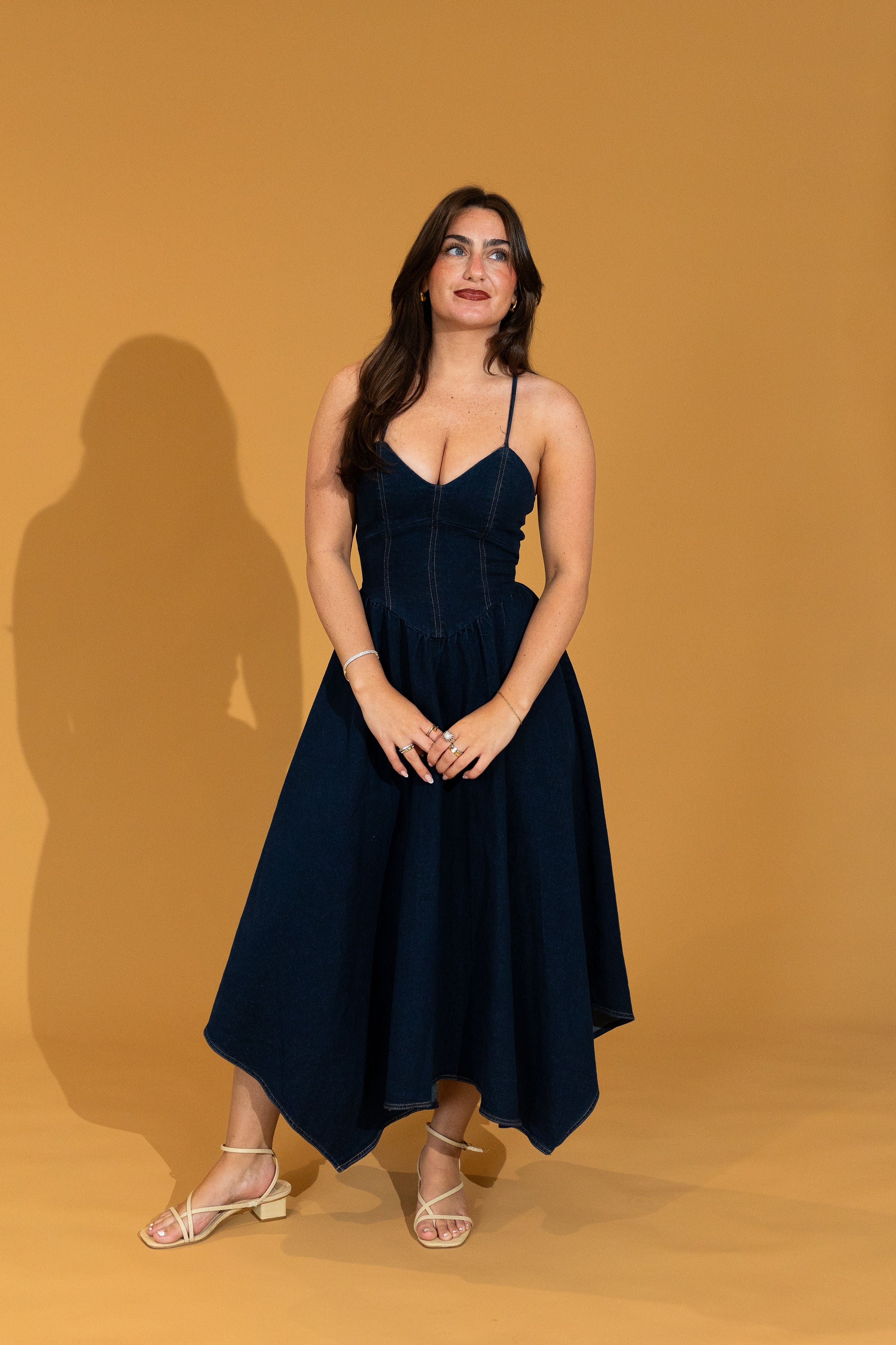 Camille Basque Waist Denim Midi Dress
