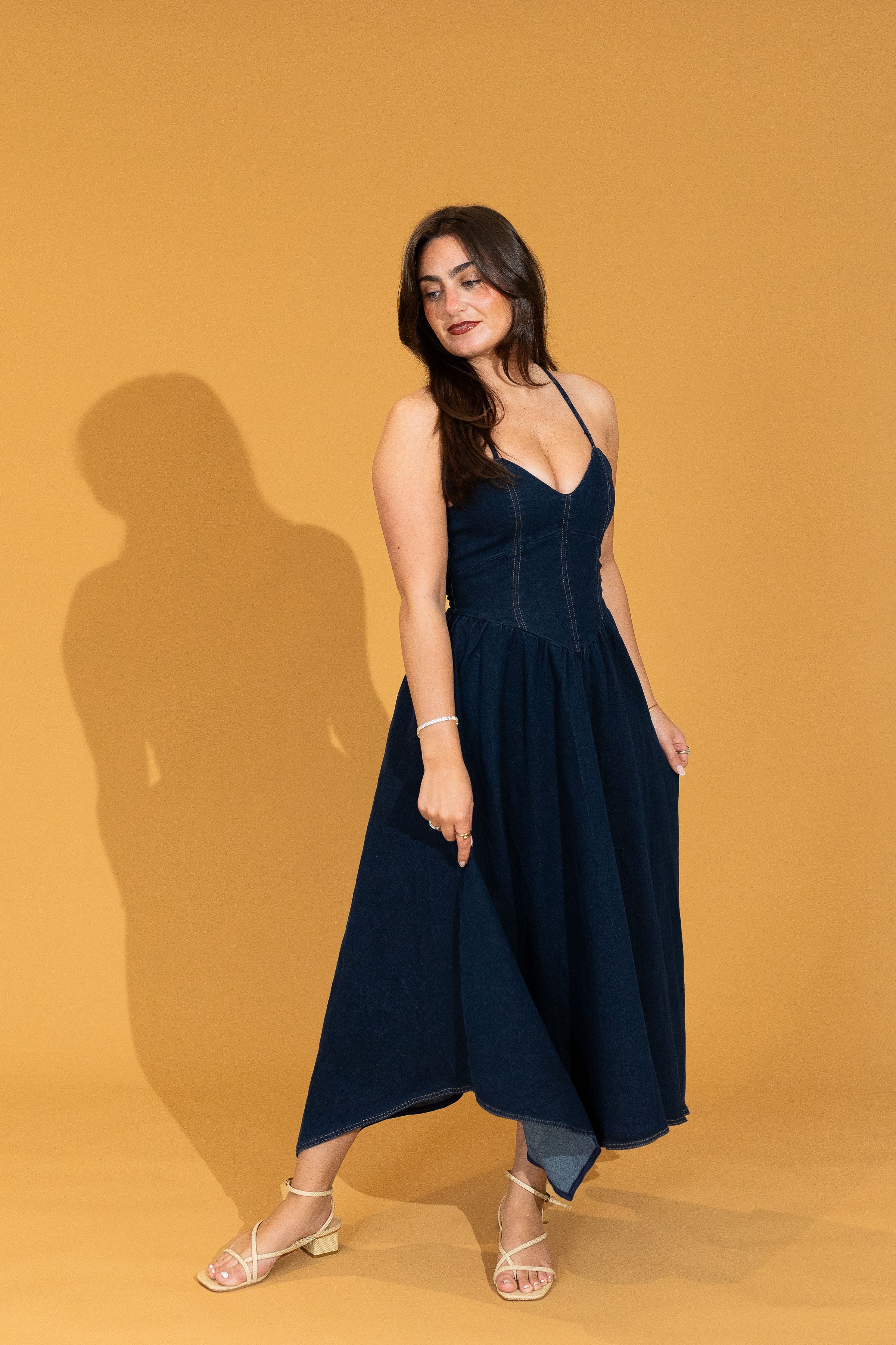 Camille Basque Waist Denim Midi Dress
