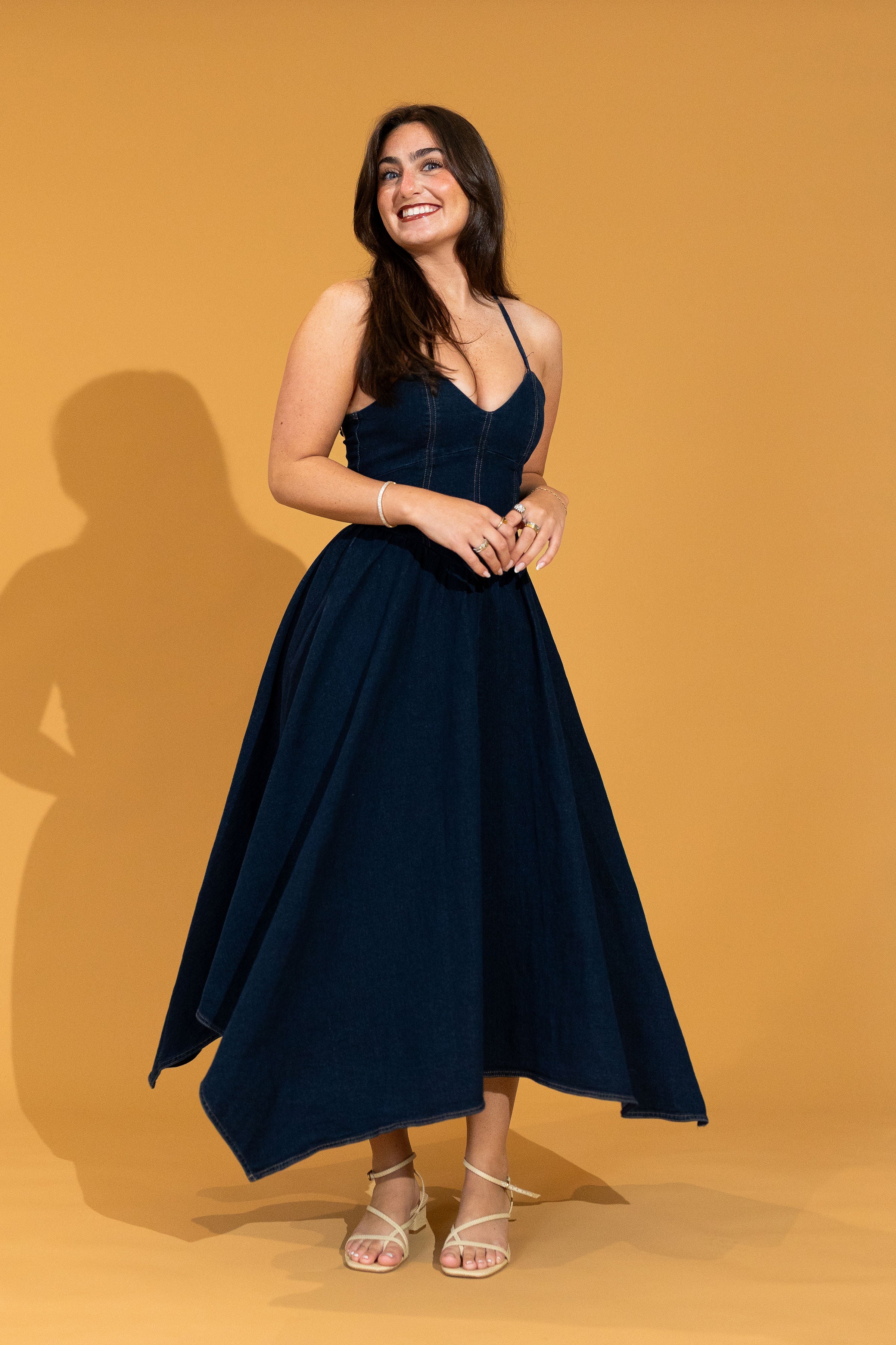 Camille Basque Waist Denim Midi Dress