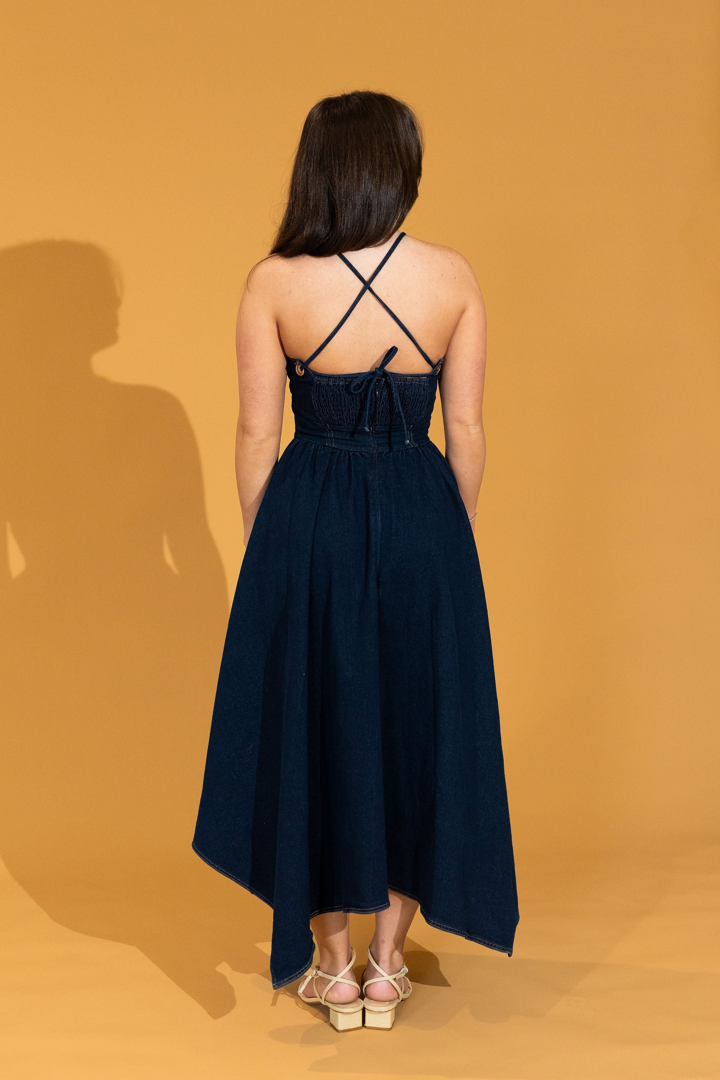 Camille Basque Waist Denim Midi Dress