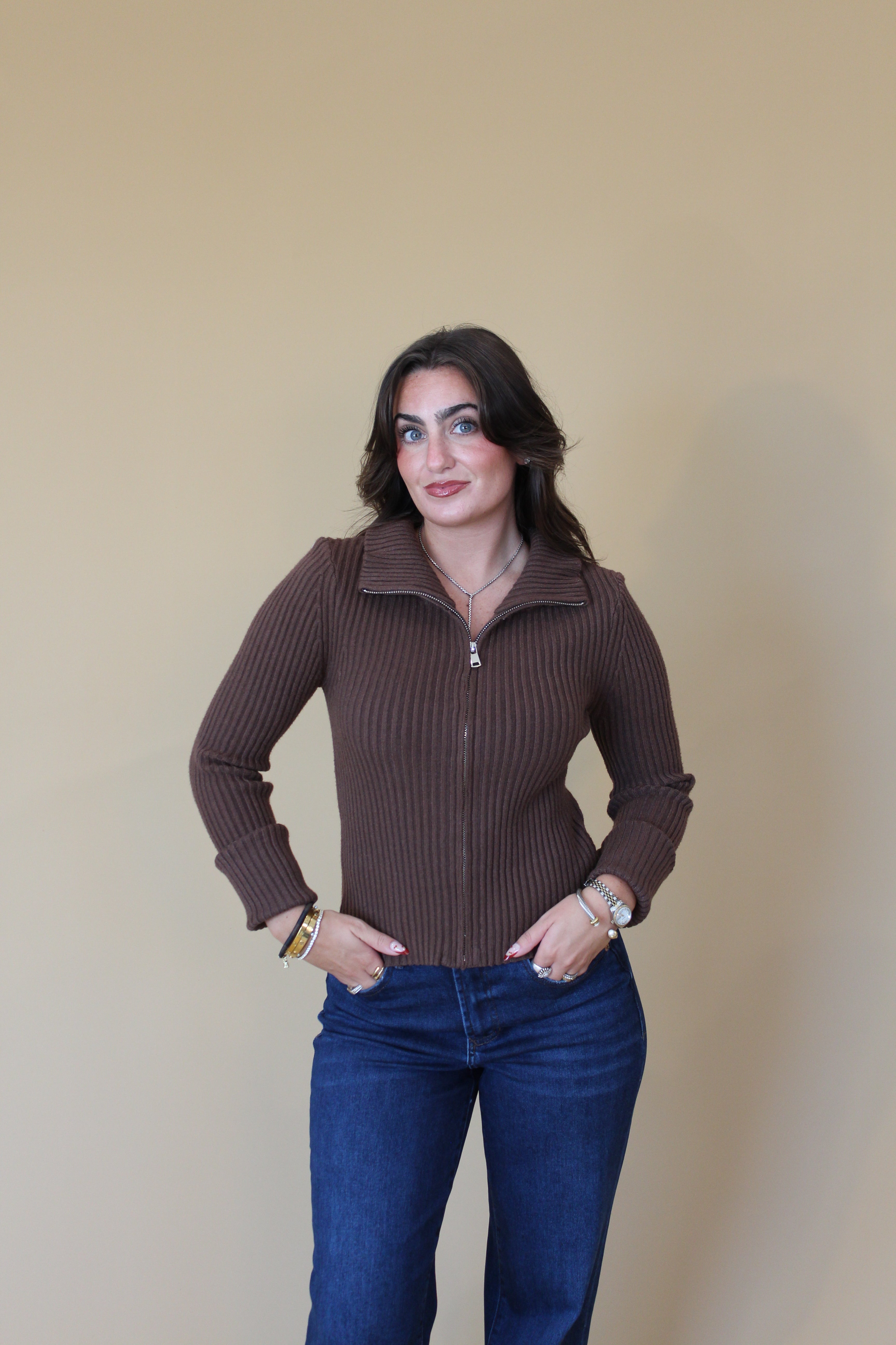 Matt Chocolate Zip Up Cardigan