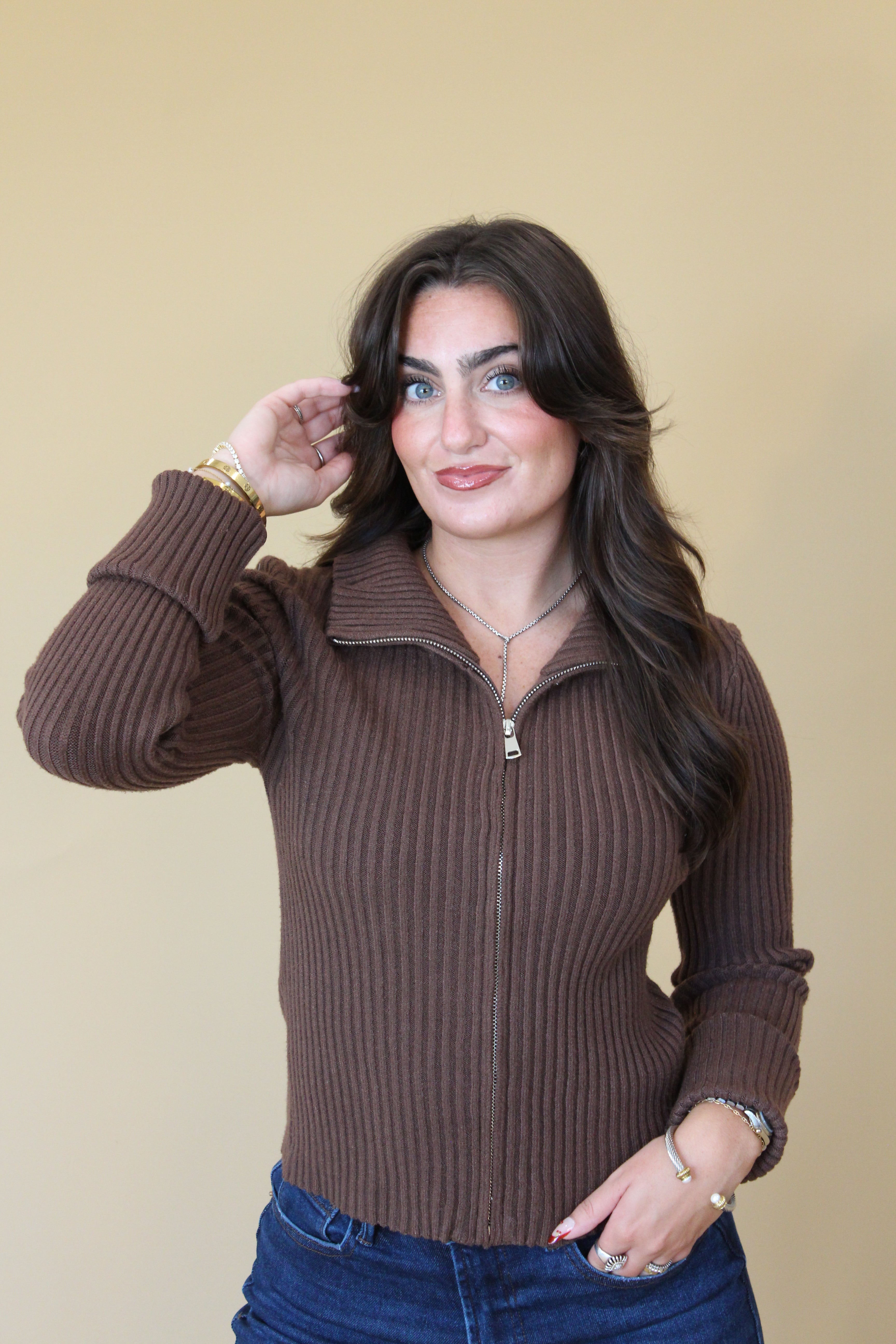 Matt Chocolate Zip Up Cardigan