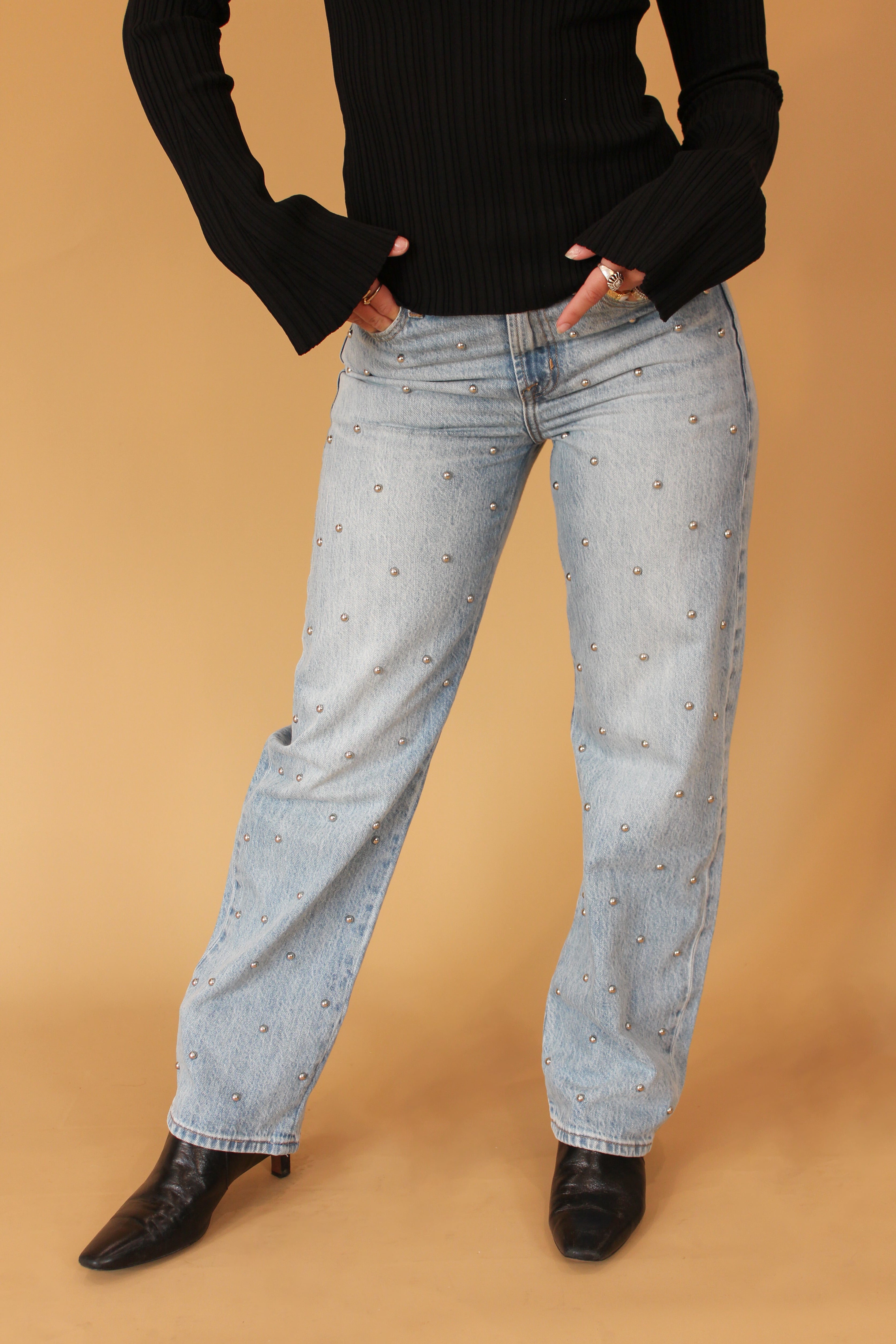 Lexi Mid Rise Straight Studded Jeans