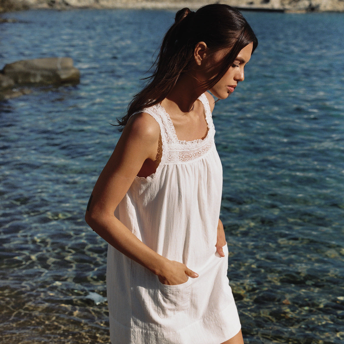 willow embroidered mini dress Pre-Order (ships on or before 8/2) swatches-the-love-galore-romper Allover embroidered stripe pattern Shop Women's Denim Dresses Size:M (32-33 sleeve length)