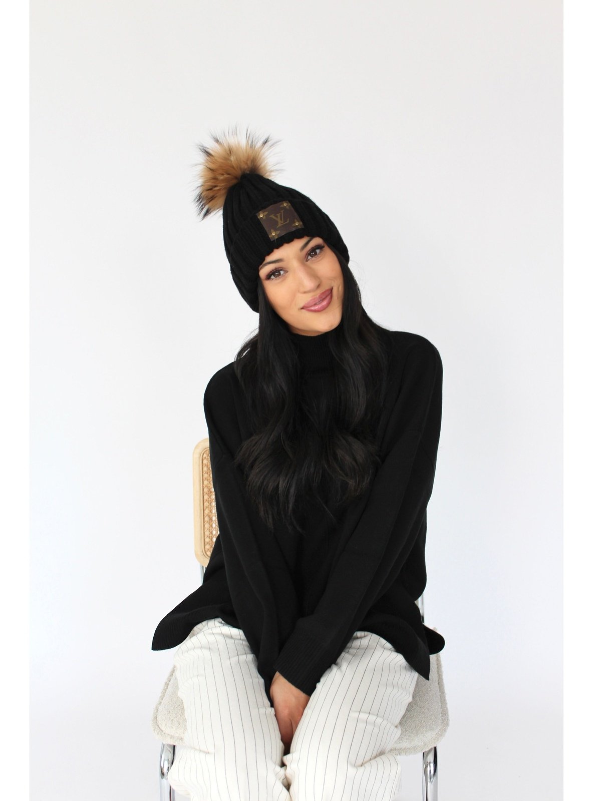 Authentic upcycled Louis Vuitton beanie - Elevate your style with this unique accessory, crafted from repurposed luxury materials. Available in black or beige for a statement winter hat.