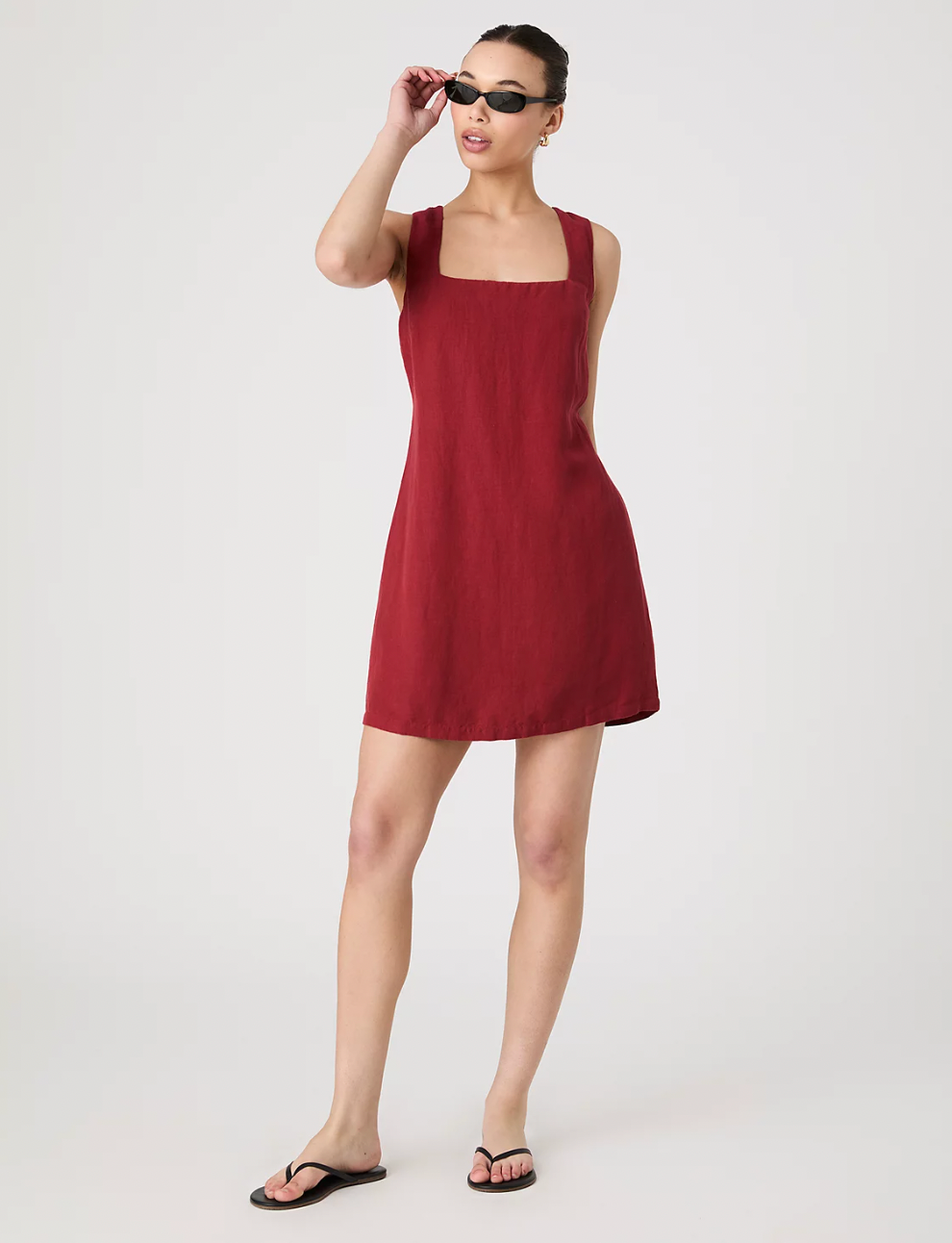 Birdie Linen Square Neck Dress - Brick Red