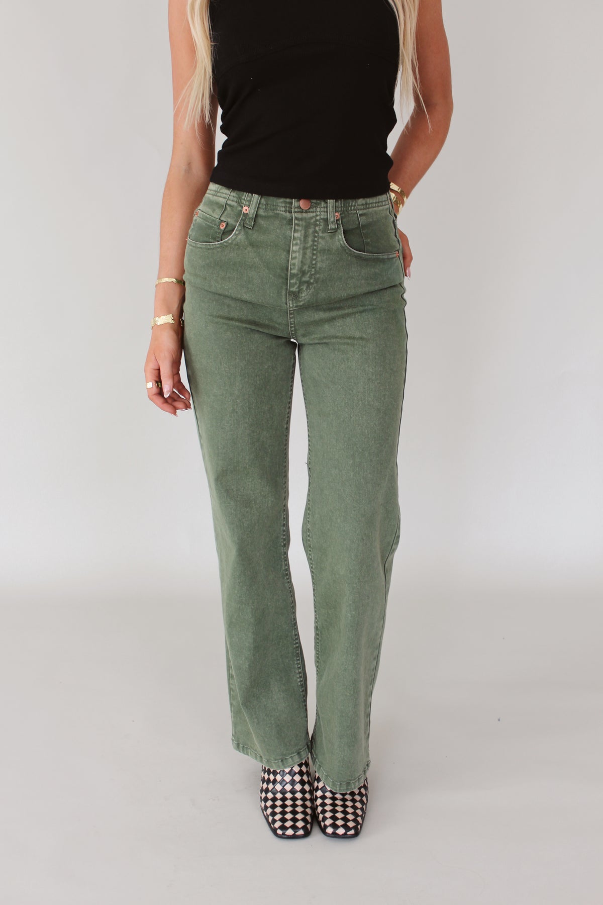 Holly Wide Hem Straight Jeans- Olive