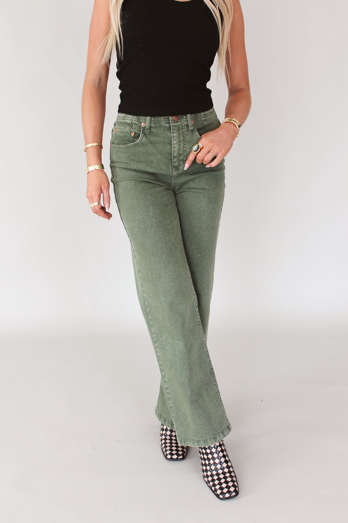 Holly Wide Hem Straight Jeans- Olive