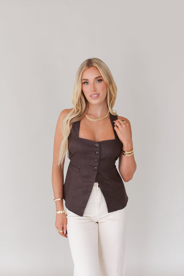 Frankie Linen Vest Top- Espresso