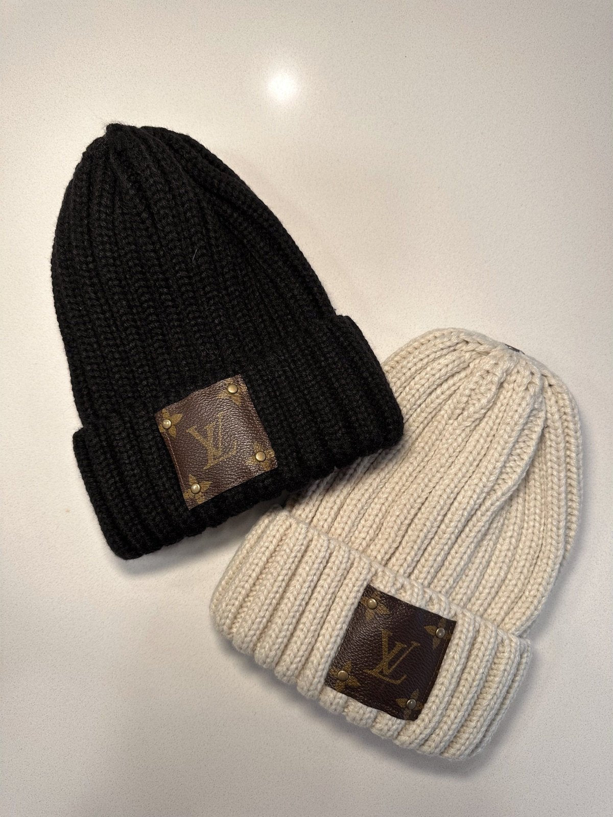 Authentic upcycled Louis Vuitton beanie - Elevate your style with this unique accessory, crafted from repurposed luxury materials. Available in black or beige for a statement winter hat.