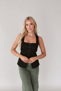 Frankie Linen Vest Top- Black