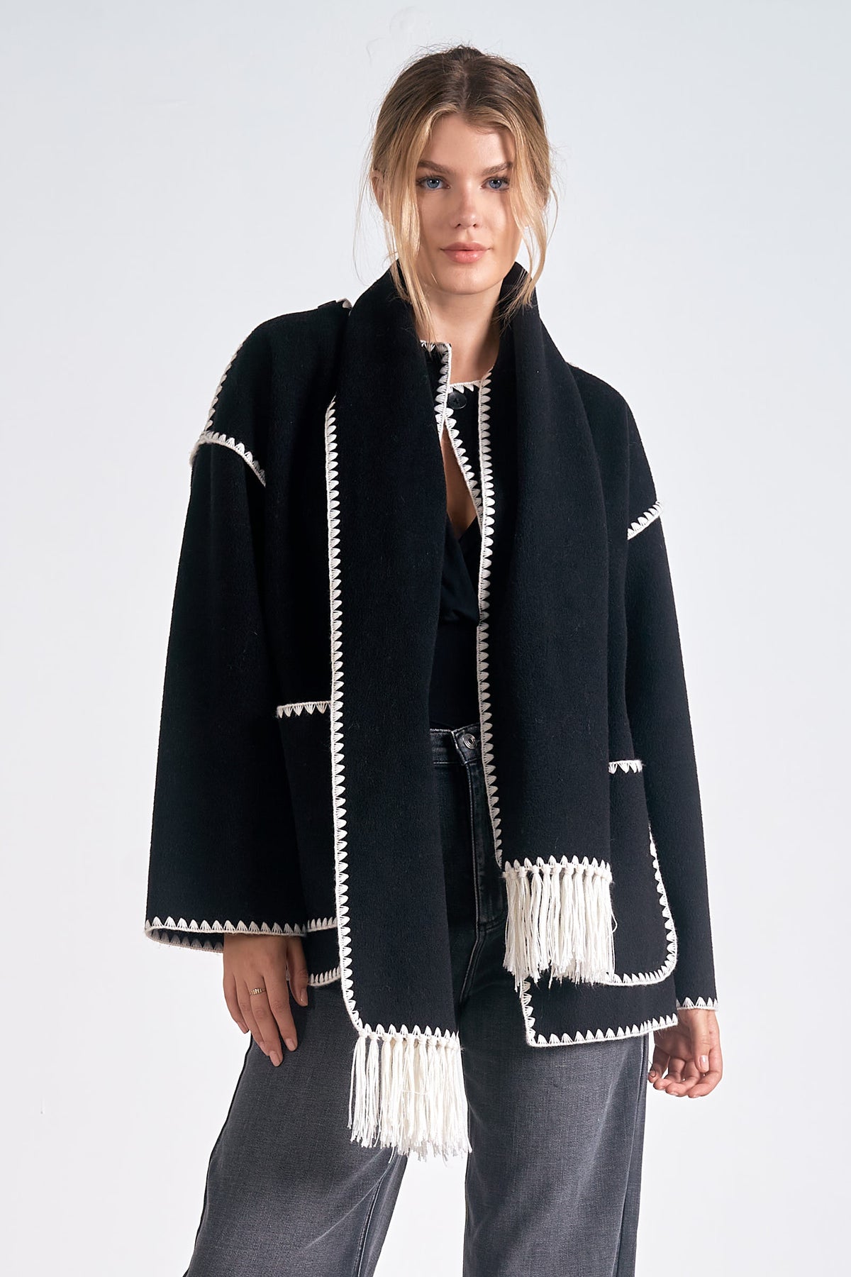 Carrie Contrast Scarf Jacket- Black